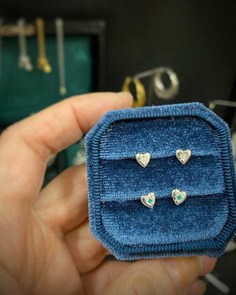 Tiny Heart Stud Earrings Silver with Diamond