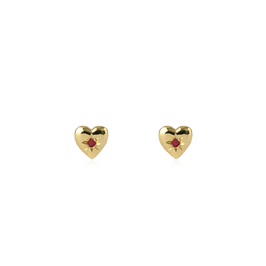 Tiny Heart Stud Earrings Gold with Ruby
