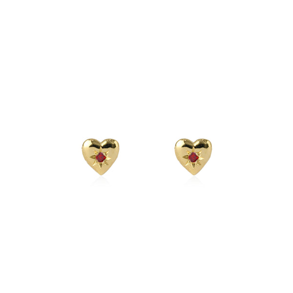 Tiny Heart Stud Earrings Gold with Ruby