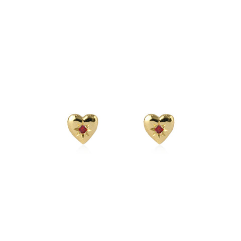 Tiny Heart Stud Earrings Gold with Ruby