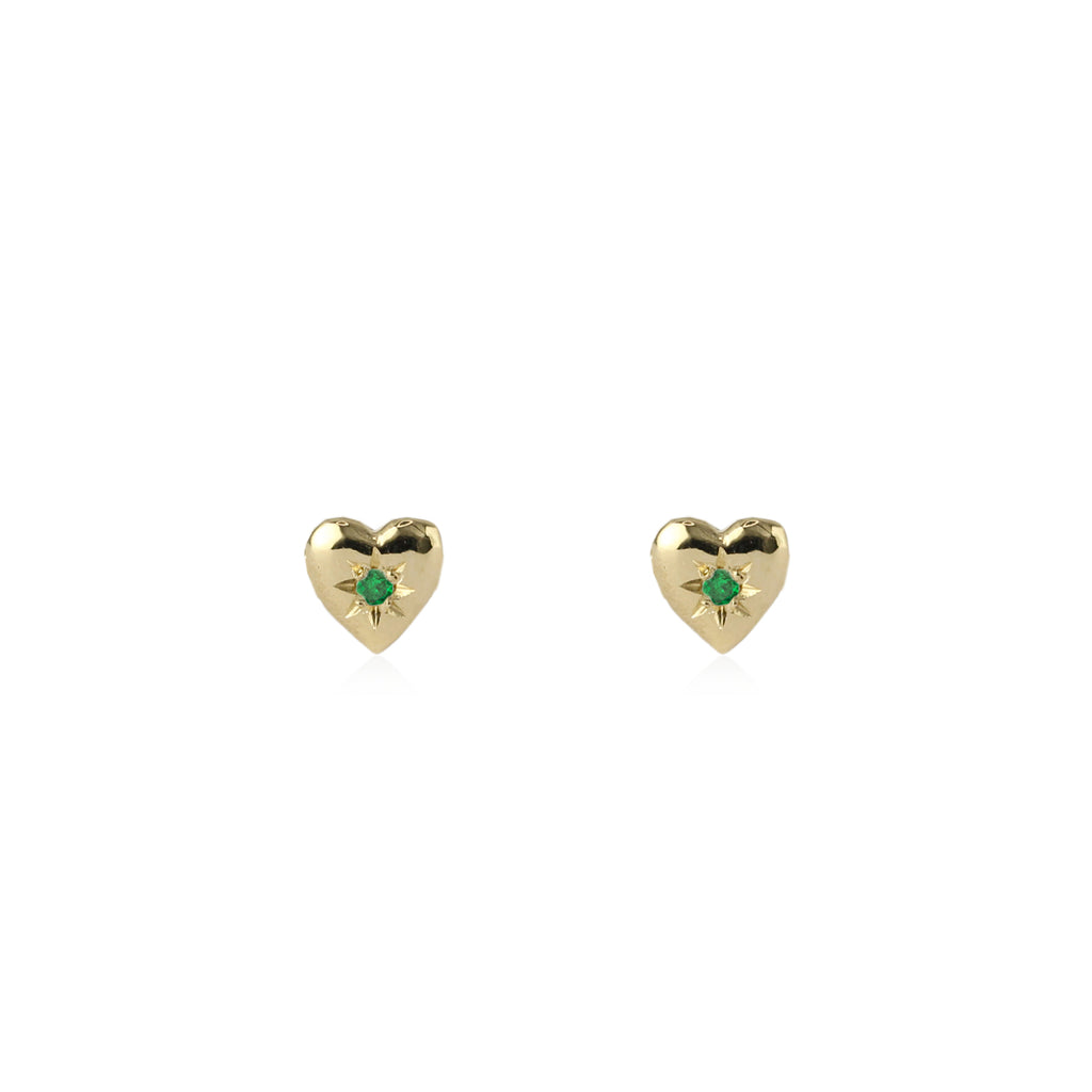 Tiny Heart Stud Earrings Gold with Emerald