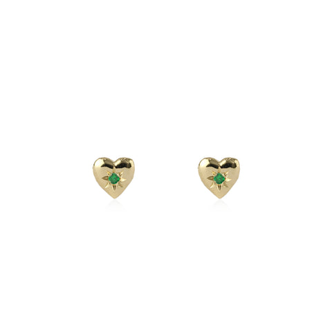 Tiny Heart Stud Earrings Gold with Emerald