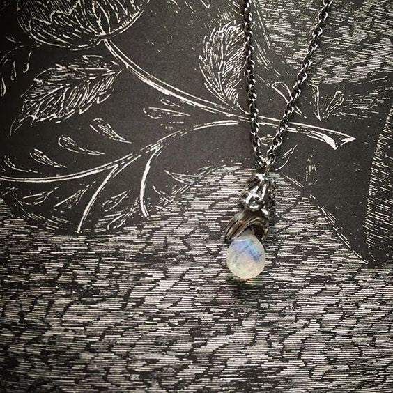 Lady's Hand Necklace Oxidised Silver with Moon Stone