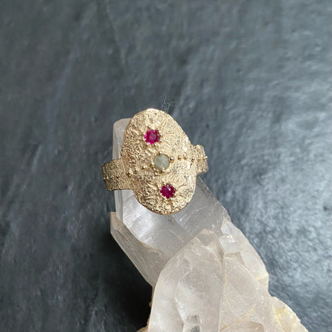 Ruby and diamond 9ct gold shield ring