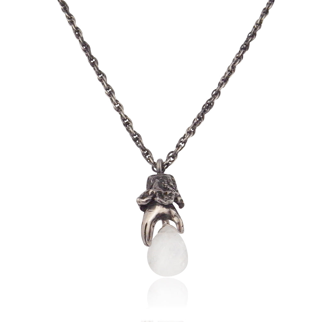 Lady's Hand Necklace Oxidised Silver with Moon Stone
