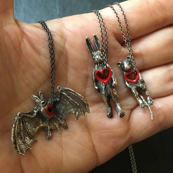 Hole in Heart Bat Necklace Silver