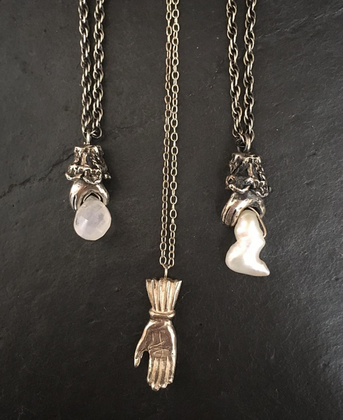Lady's Hand Necklace Oxidised Silver with Pearl