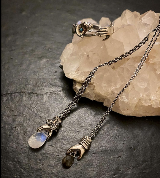 Lady's Hand Necklace Oxidised Silver with Moon Stone