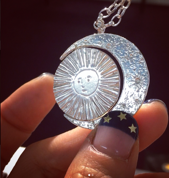 Large Crescent moon & Sun Long Necklace