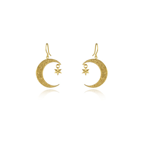 Crescent moon & star earrings gold