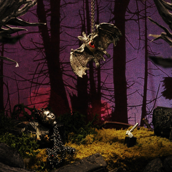 Hole in Heart Bat Necklace Silver on Diorama
