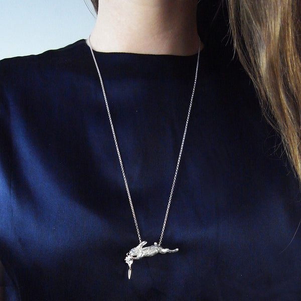 Rabbit and Carrot Necklace Silver Rose Gold on Model