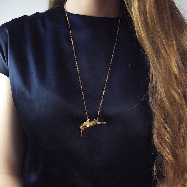 Rabbit and Carrot Necklace Gold on Model