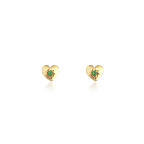 Tiny Heart Stud Earrings Gold with Emerald