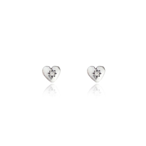 Tiny Heart Stud Earrings Silver with Diamond
