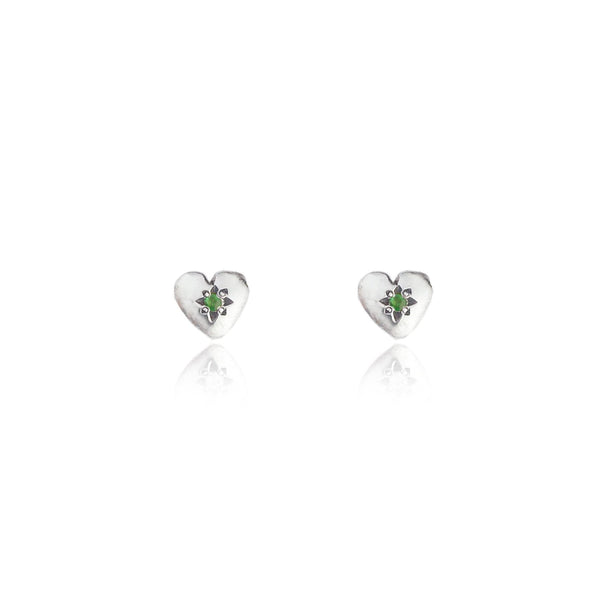 Tiny Heart Stud Earrings Silver with Emerald