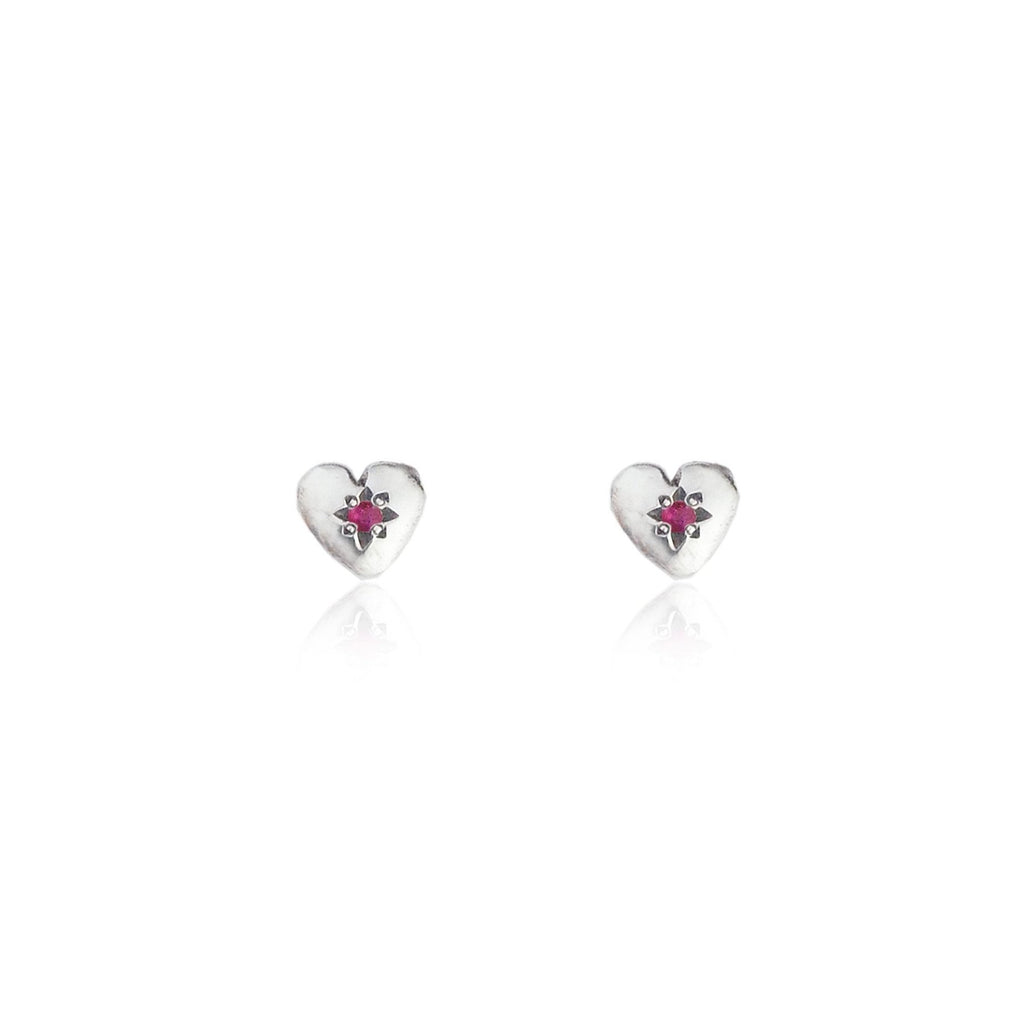 Tiny Heart Stud Earrings Silver with Ruby
