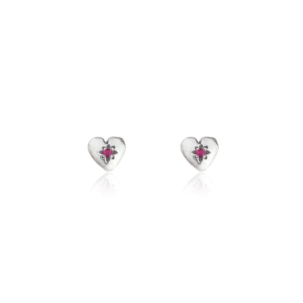 Tiny Heart Stud Earrings Silver with Ruby