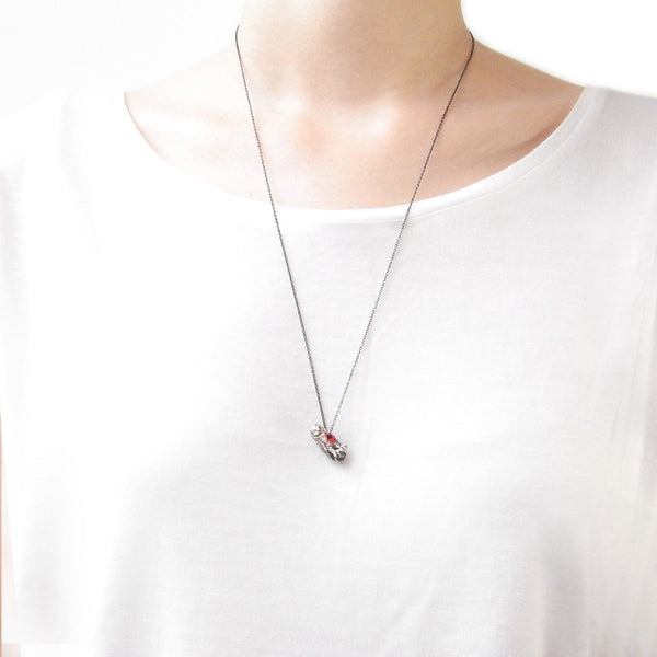 Hole in Heart Owl Necklace Silver on Model