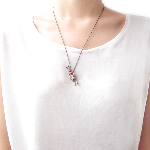 Hole in Heart Rabbit Necklace Silver on Model