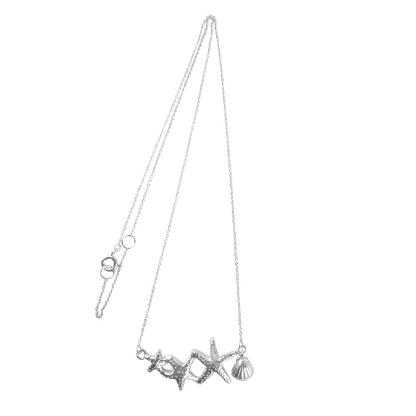 Triple Starfish & Shell Necklace Silver
