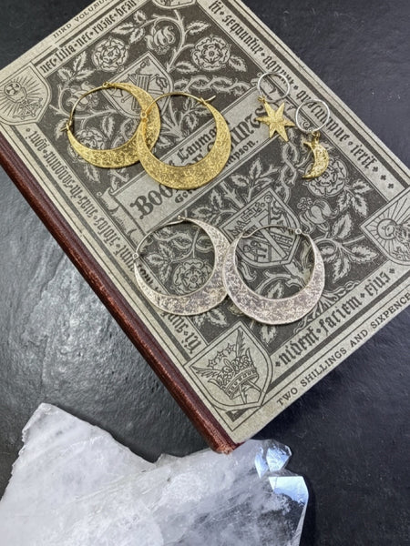 Large crescent moon hoop earrings silver