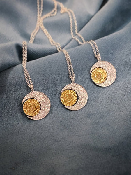 Crescent moon & gold sun/moon necklace Silver x Gold