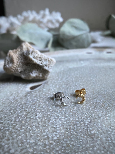 Micro crescent moon stud earrings silver