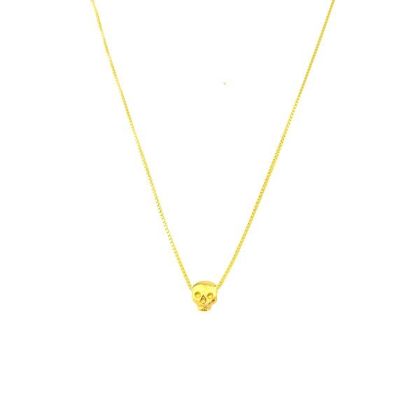 MOMOCREATURA Recycled sterling silver gold vermeil tiny skull necklace on a gold box chain, minimalist memento mori jewellery