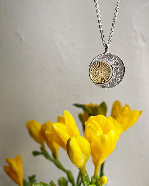 Crescent moon & gold sun/moon necklace Silver x Gold