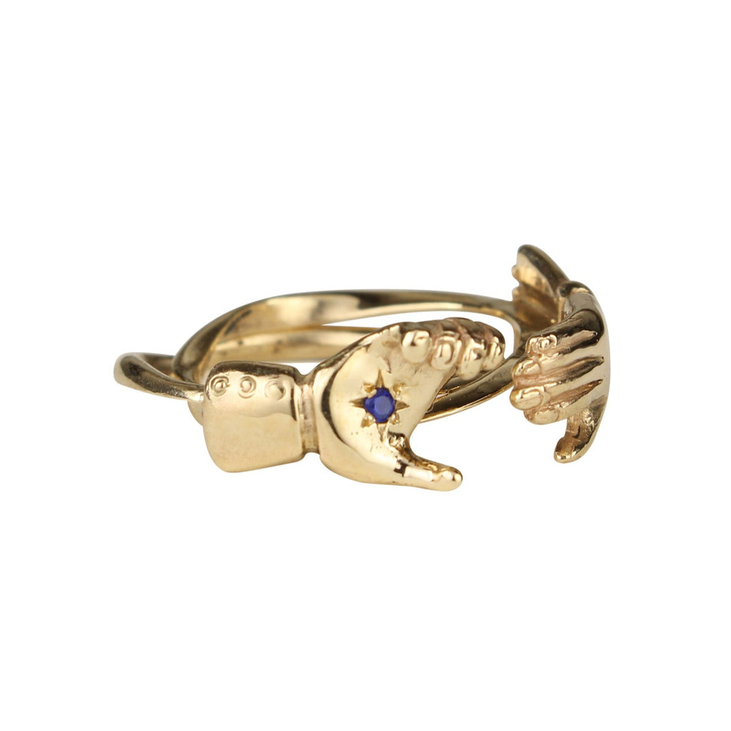Fede Ring 9k Yellow Gold with Sapphire Gimmel ring Hand ring momocreatura