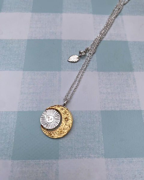 Crescent moon & gold sun/moon necklace Silver x Gold