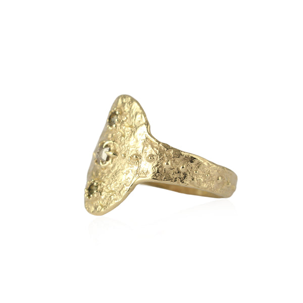 Green sapphire and icy grey diamond rustic shield ring - 9ct gold