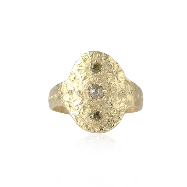 Green sapphire and icy grey diamond rustic shield ring - 9ct gold