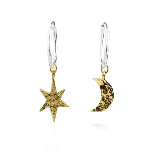 North star and moon hoop earrings