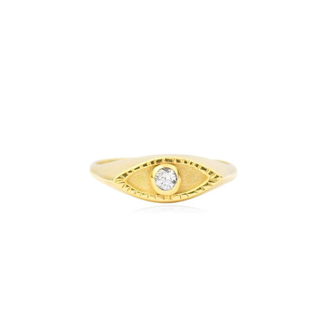 Gold ring with a diamond on a white background