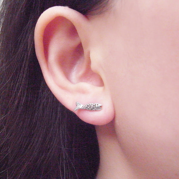 Micro Fish Earrings Silver on Model