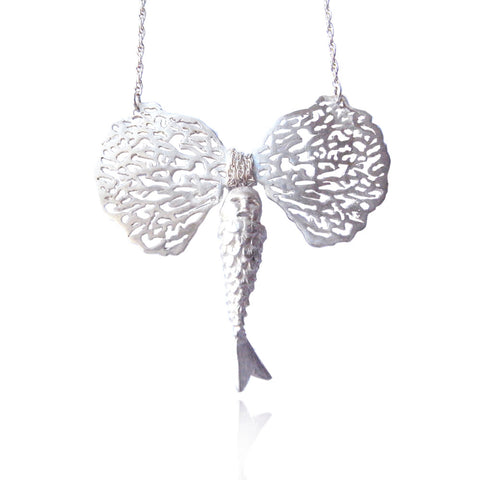MOMOCREATURA Baby Mermaid and Coral Bow Necklace Silver Product Shot Main
