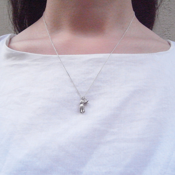 Octopus and Tiny Star Necklace Silver on Model