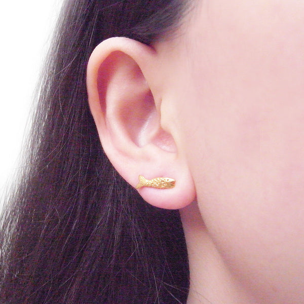 Micro Fish Earrings Gold on Model