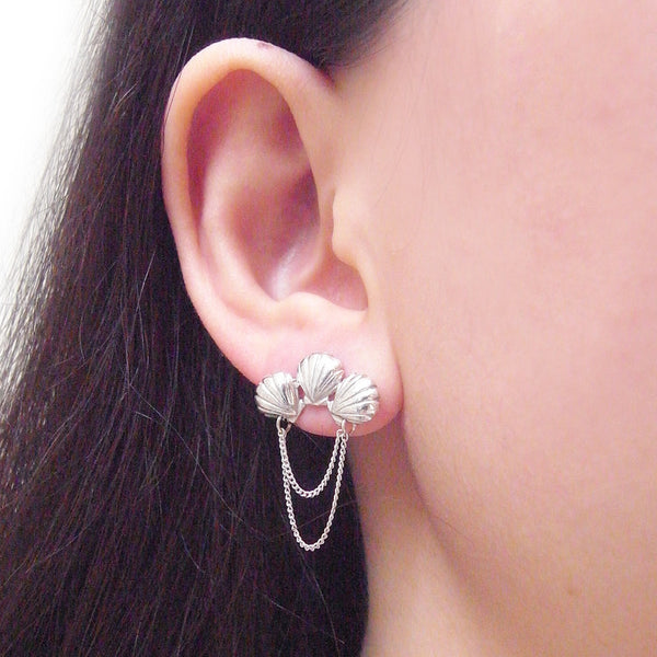 Triple Shell Earrings Silver on Model