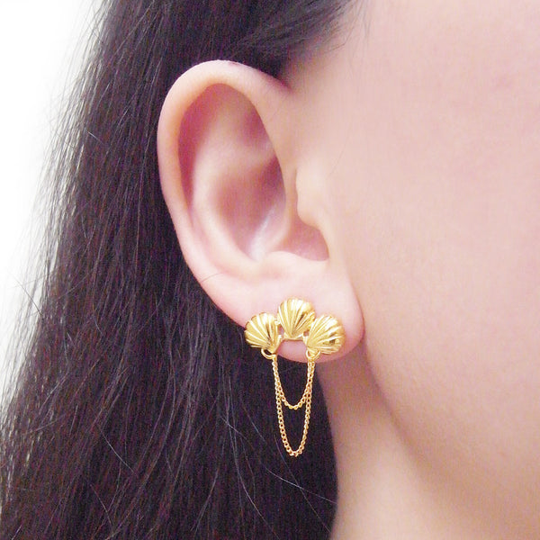 Triple Shell Earrings Gold on Model