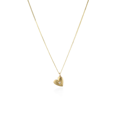 A gold necklace featuring a double heart charm with a birthstone, attached to a diamond cut curve chain.
