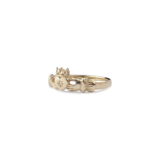 9k gold claddagh ring with diamond crown heart hands