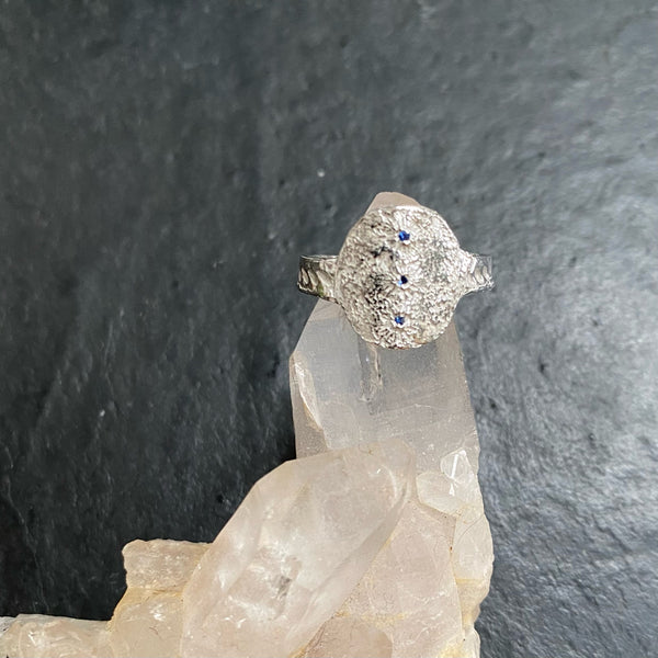 Silver moon disc sapphire ring
