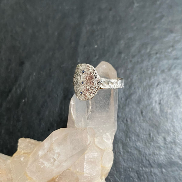 Silver moon disc sapphire ring