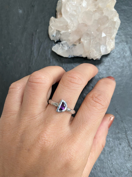 Half moon amethyst silver ring