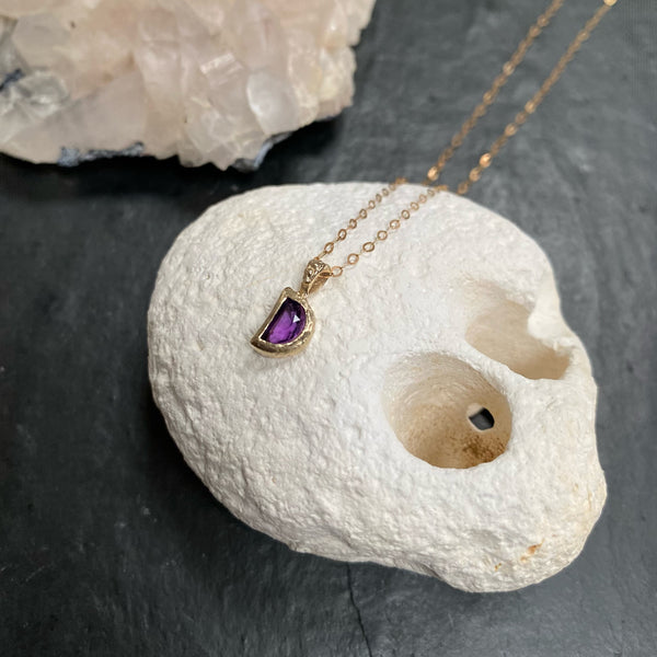 Half moon amethyst 9ct gold pendant necklace