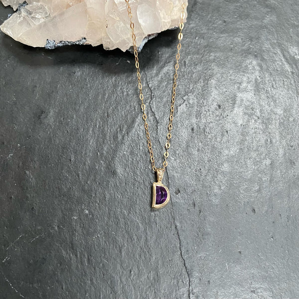 Half moon amethyst 9ct gold pendant necklace