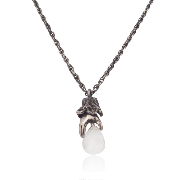 Lady's Hand Necklace Oxidised Silver with Moon Stone